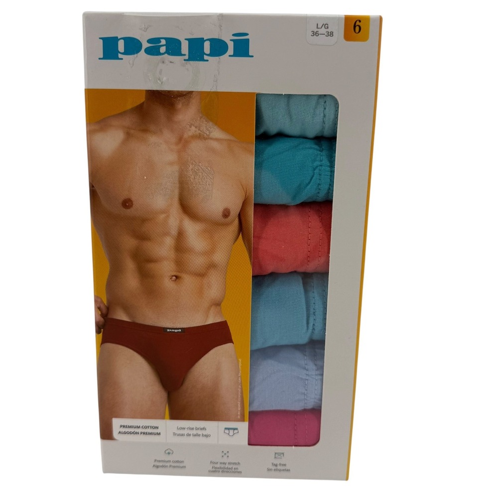Papi Mens 6 Pack Low Rise Briefs Premium Cotton Multi Color Size Large 36-38